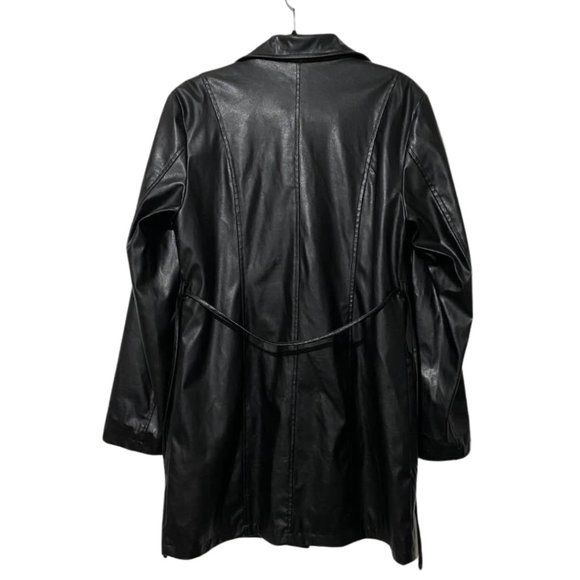Marcelle Renee Classic Black Faux Leather Trench Coat Belted Jacket Medium M - Picture 9 of 14